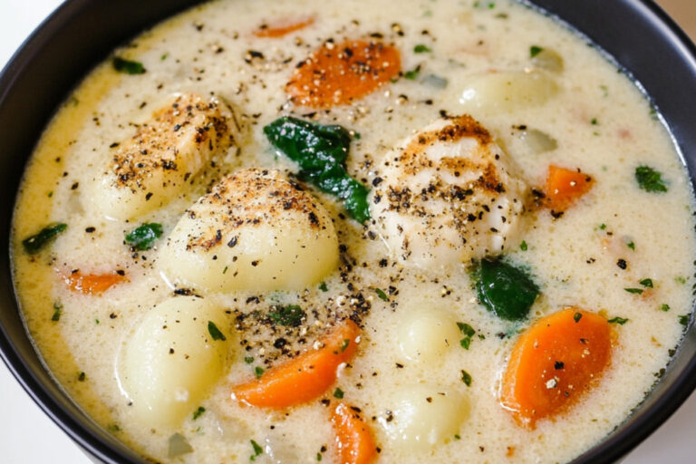 Sopa de pollo con gnocchis reconfortante y deliciosa