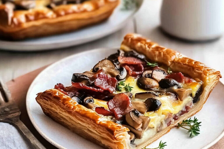 Tarta de hojaldre con bacon, champiñones y huevo