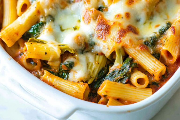 Ziti al horno con espinacas y alcachofas deliciosas