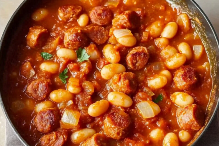 ¡Deliciosos frijoles horneados con salchichas gigantes!