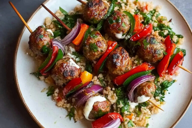 Deliciosos kebabs de albóndigas de cerdo