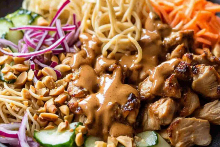 Ensalada de fideos con pollo satay deliciosa