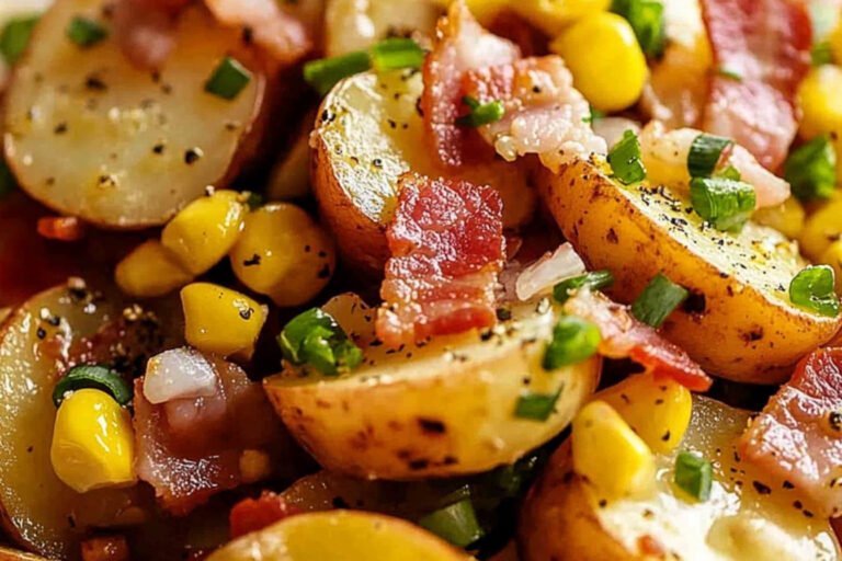 Ensalada de papa roja con tocino y maíz